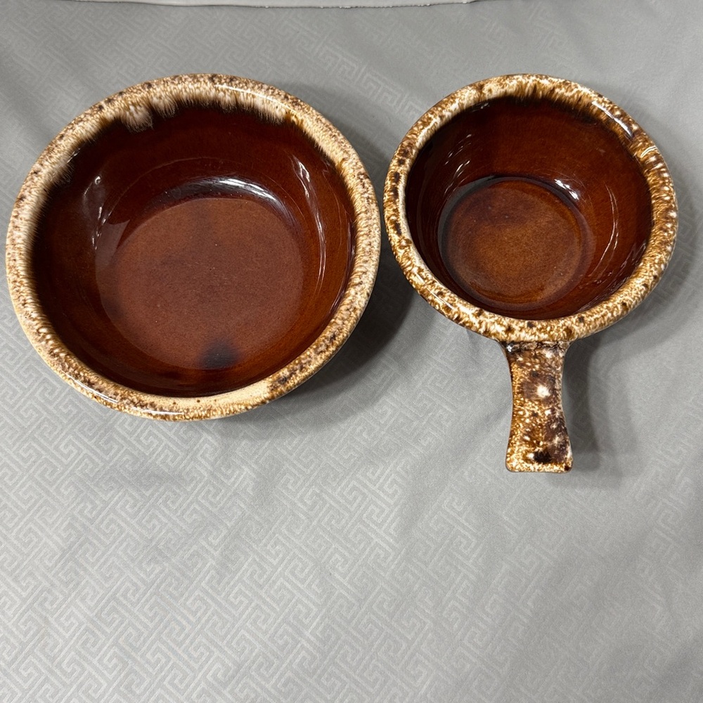 Vintage Hull Oven-Proof Brown Drip Glaze Pottery Ceramic Bowls Set of 2 USA